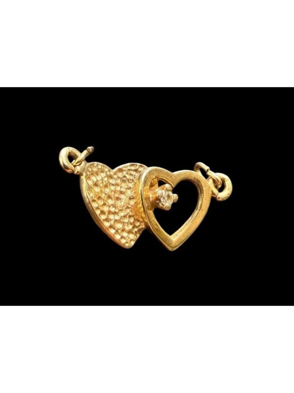 14k Yellow Gold Double Heart Diamond Chip Pendant Hammered Texture